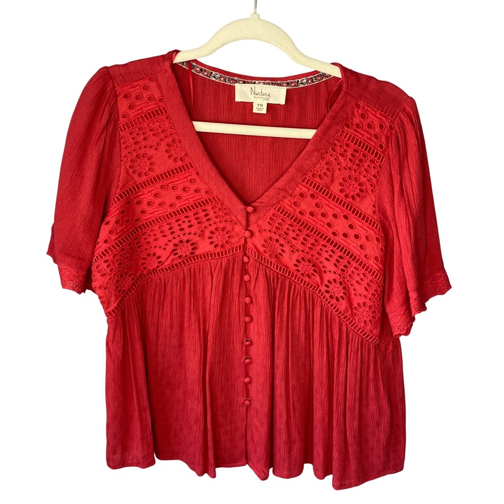 Nurture by Westbound Red Eyelet Lace‎ Babydoll Button Front Blouse Petite PM